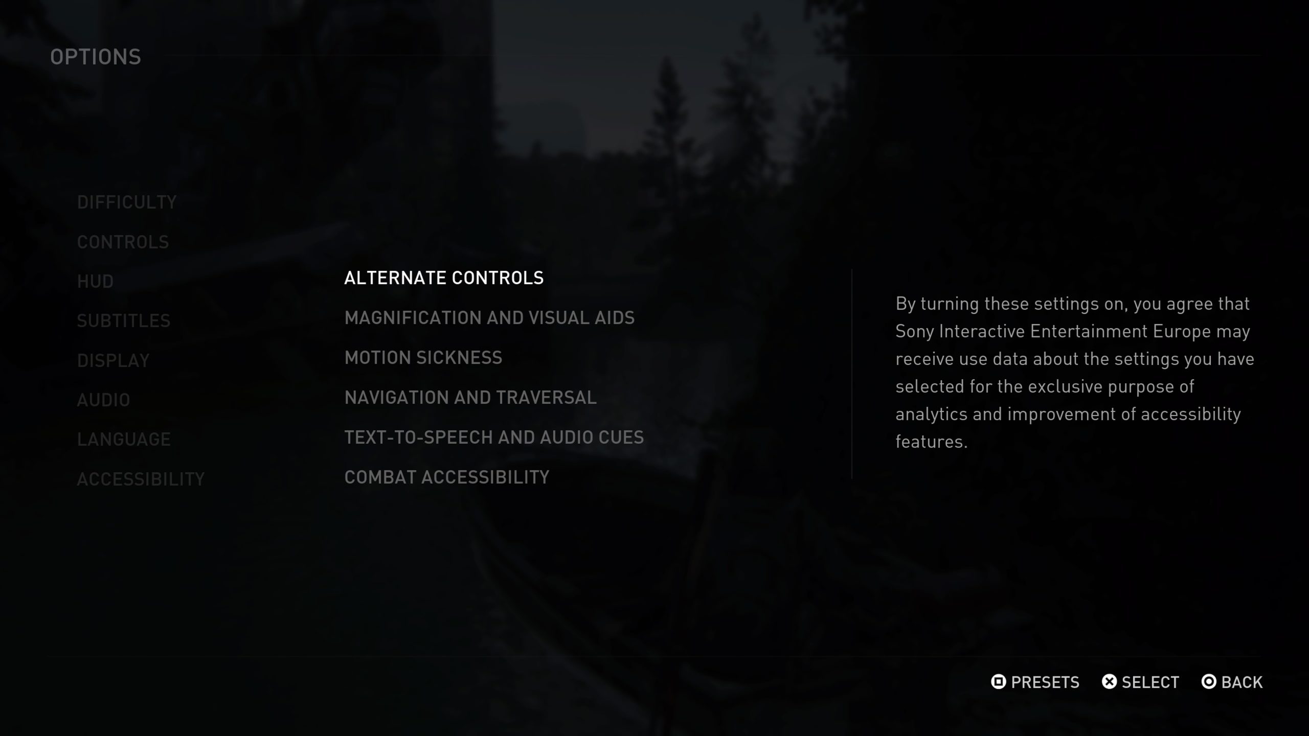 Accessibility options menu in The Last of Us Part II